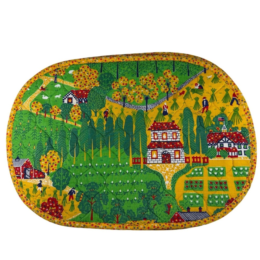 Farm Folk Art Quilted Placemats Green Yellow Set of 4 Cottagecore‎ Farmer Calico